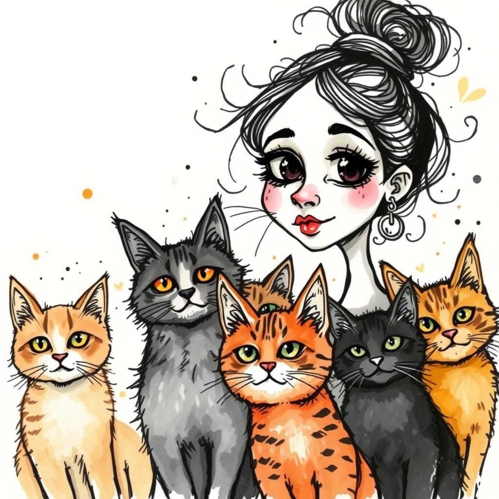Cute Cats in Whimsical Chaos, Ink Splash Art