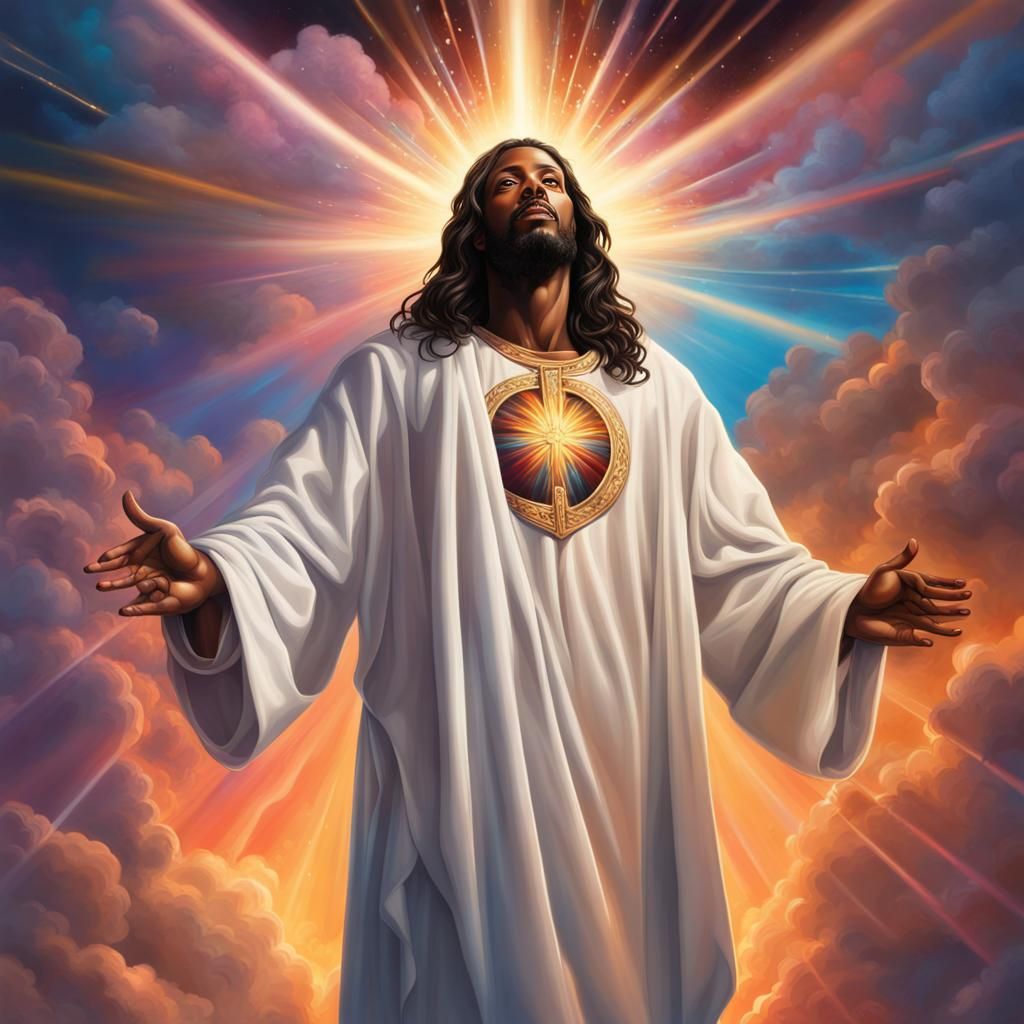 Hyperrealistic Portrait of Black Jesus in Heaven