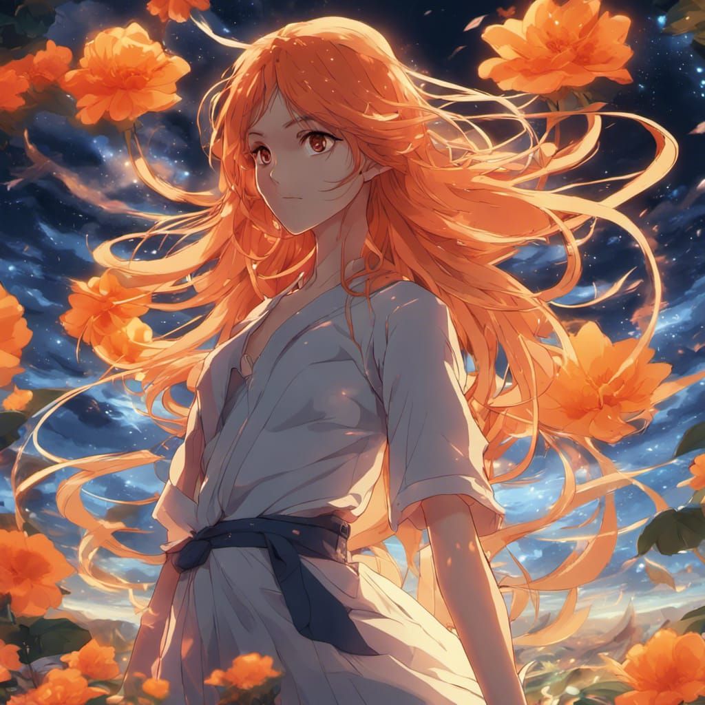 Anime Saint with Neon Hair in Magic Garden