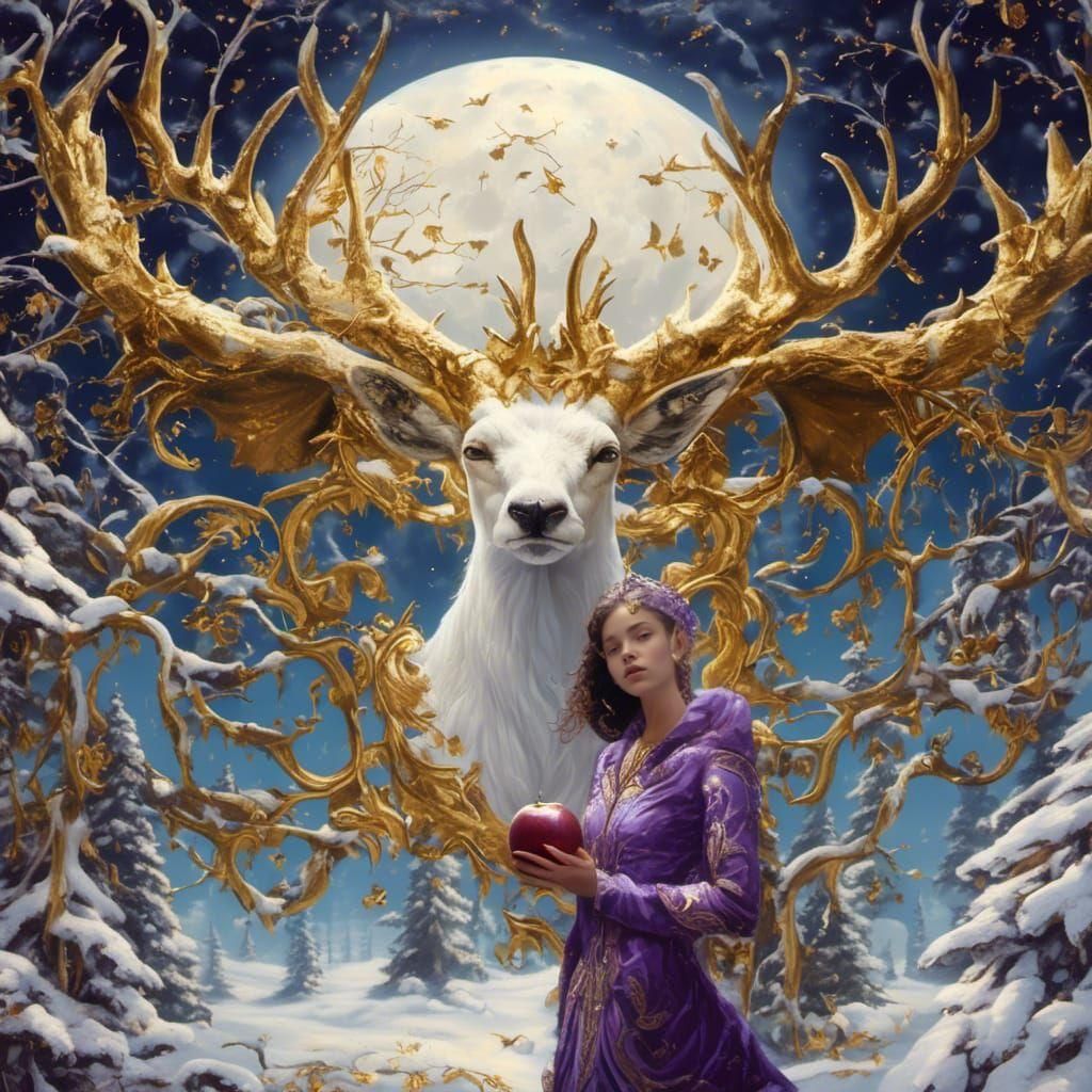 Surreal Stag with Bat Wings and Shiny Apple