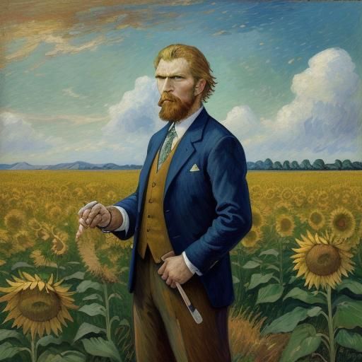 Bearded Man in Sunflower Field: Impressionist Oil Painting