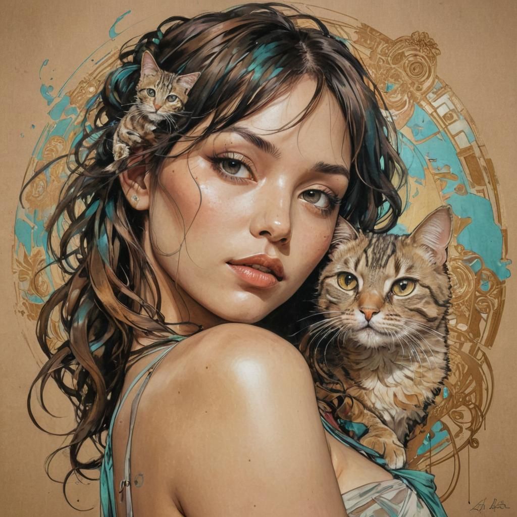 Woman with Cat in Art Nouveau Style