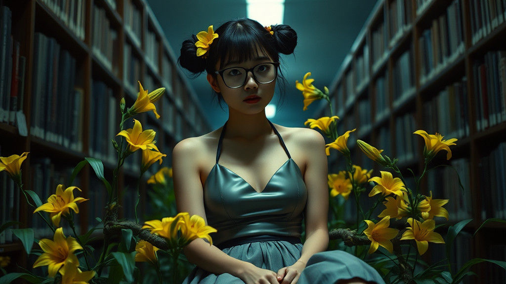 Lily-Adorned Woman in Overgrown Library, Cinematic Still