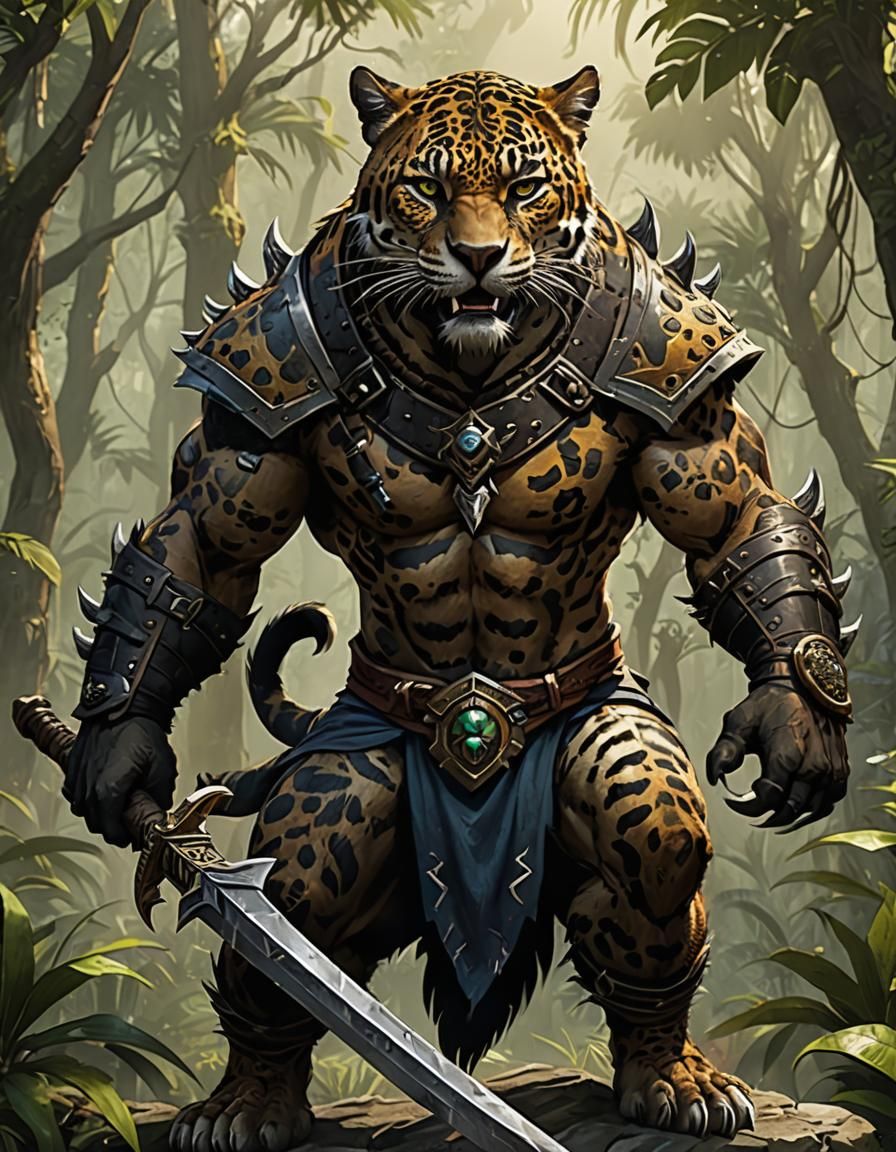 Fierce Jaguar Tabaxi Barbarian Warrior, as 3D Anime Art