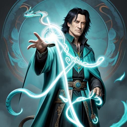 Wizard Daxius Houdini, lean and pale, turquoise eyes, black ...