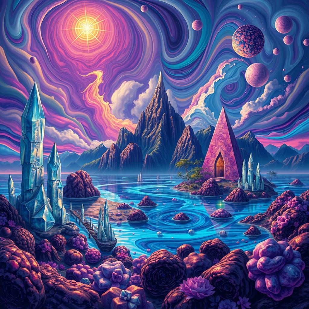 Dreamlike Island Landscape in Psychedelic Style