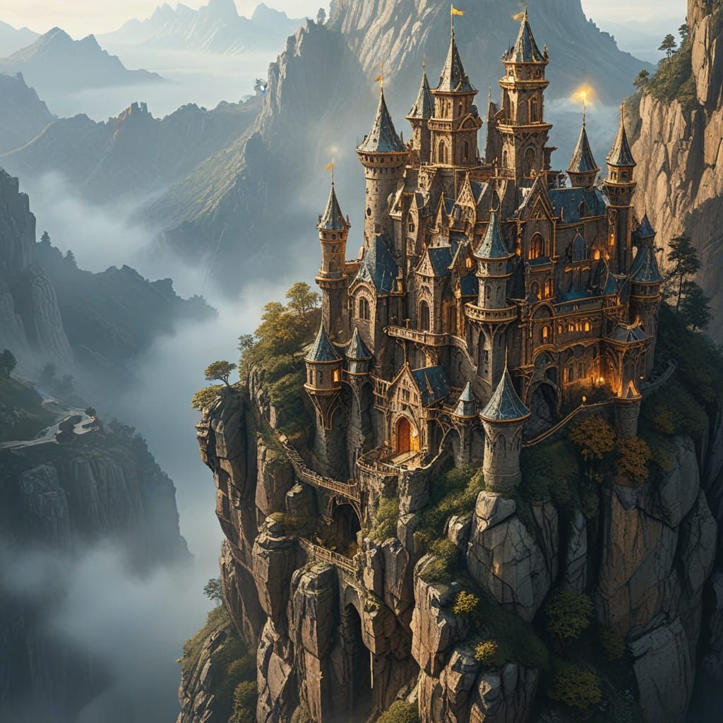 Castle on Cliff in Moebius Comic Style