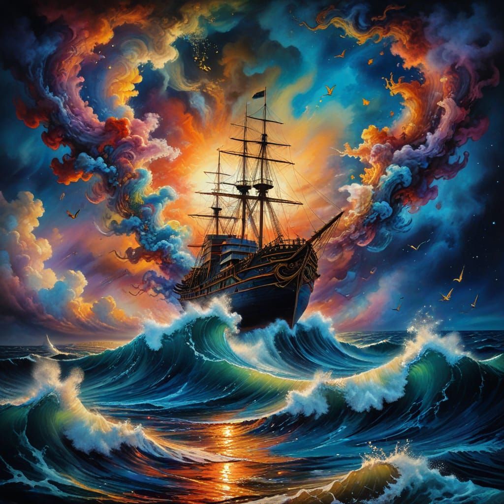 Vibrant Fever-Dream at Sea: Surrealistic Masterpiece