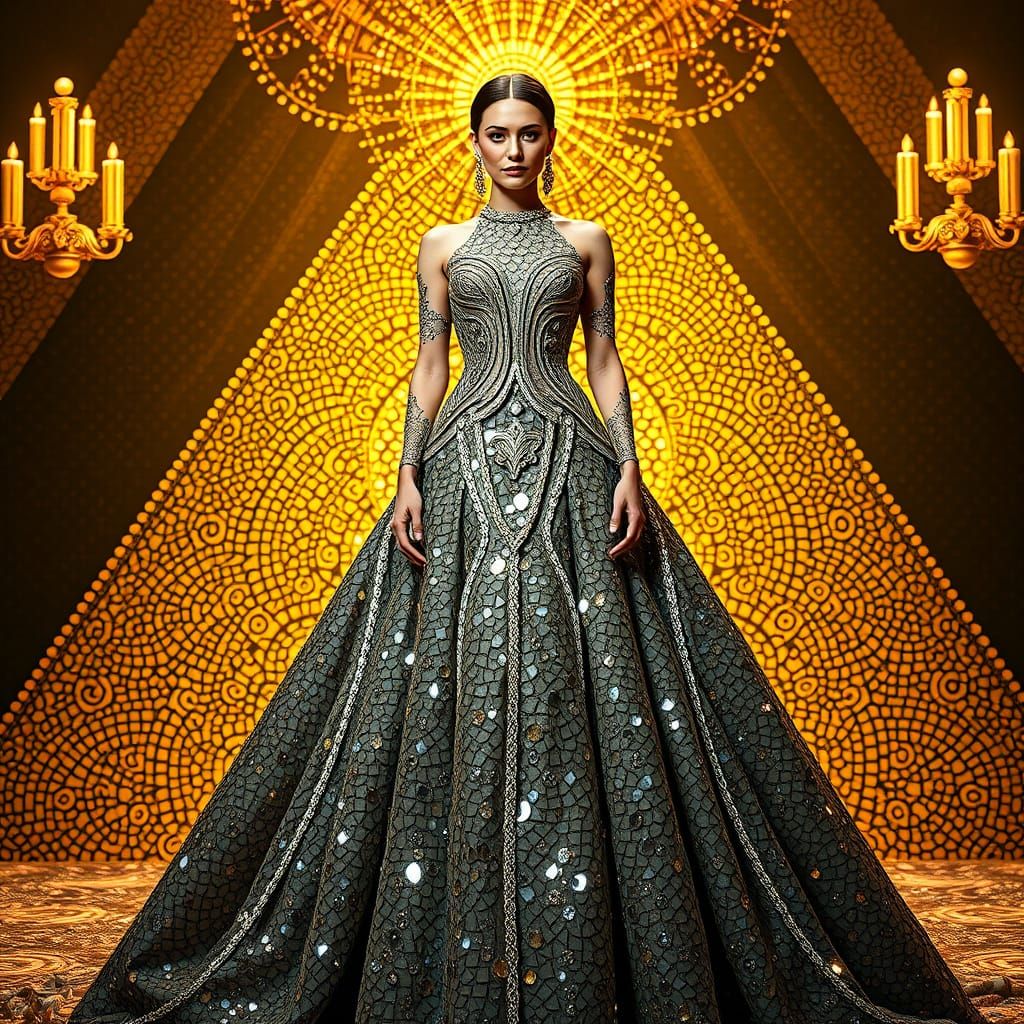 Opulent Gown in Silver and Gold Byzantine Mosaic Style