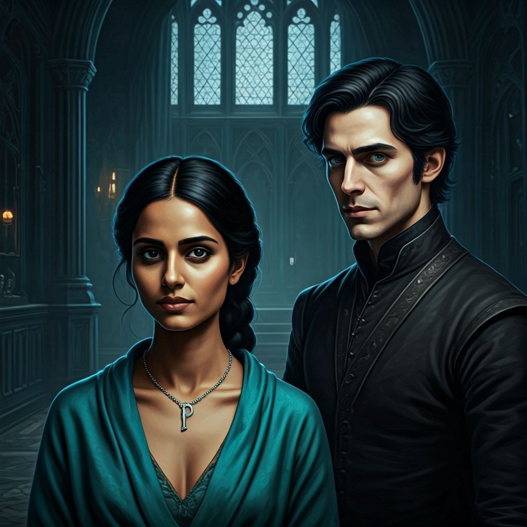 Padma and Theodore: Loving Couple Portrait in Dark Mansion