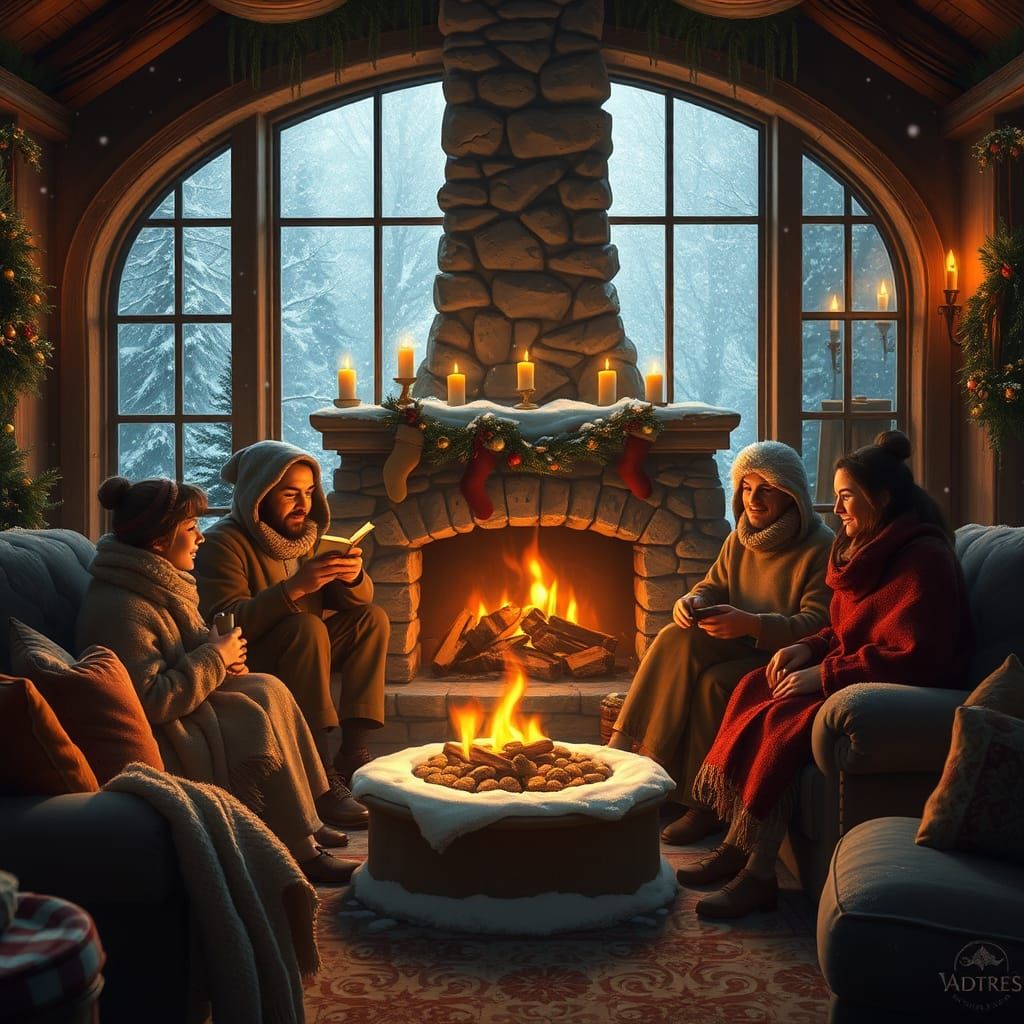 Cozy Family Scene by Fireplace in Winter: Matte Painting