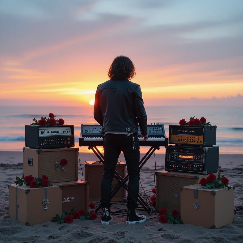 Retro Synth Player on a Beach at Sunrise