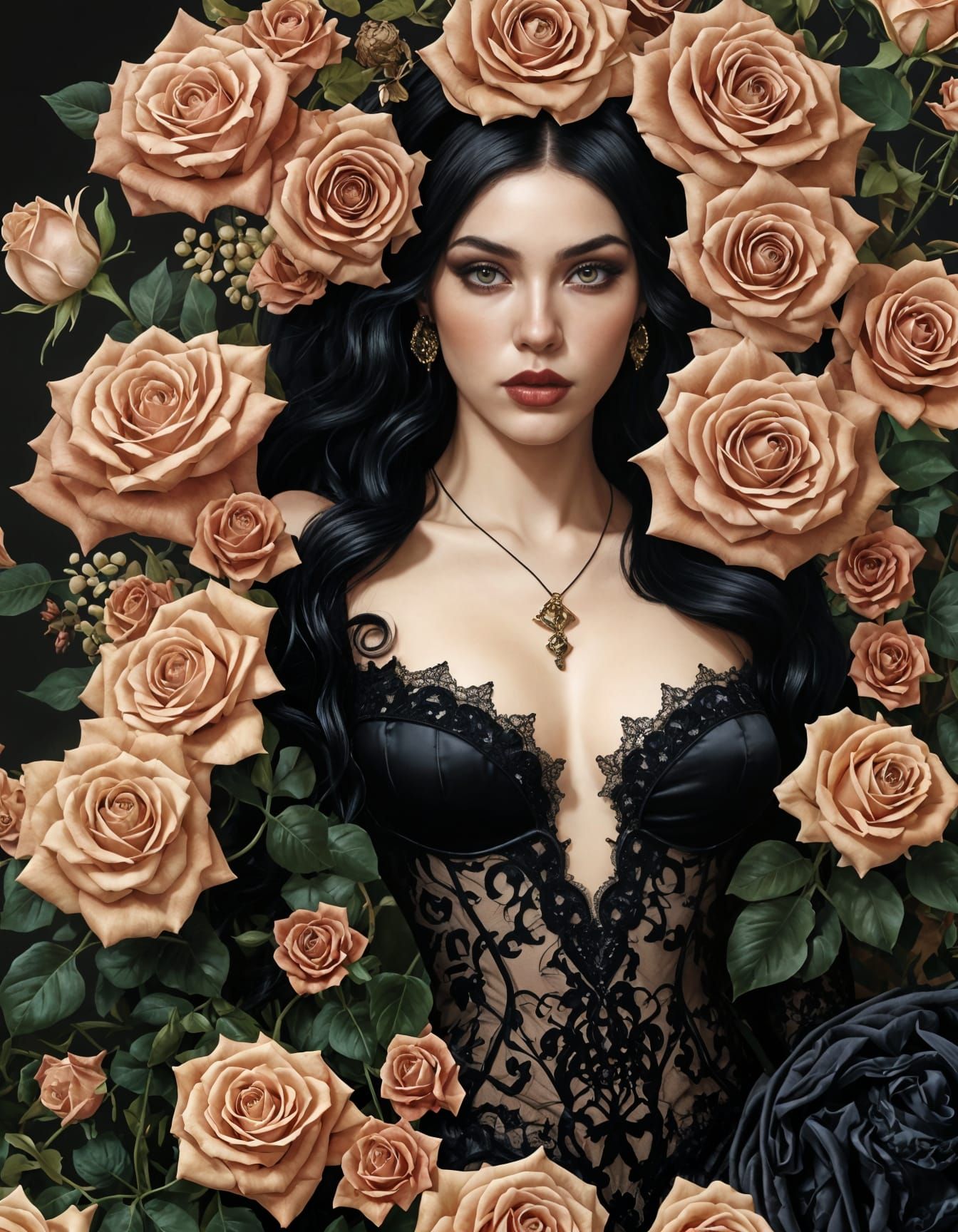 Gothic Goddess with Black Lace and Roses