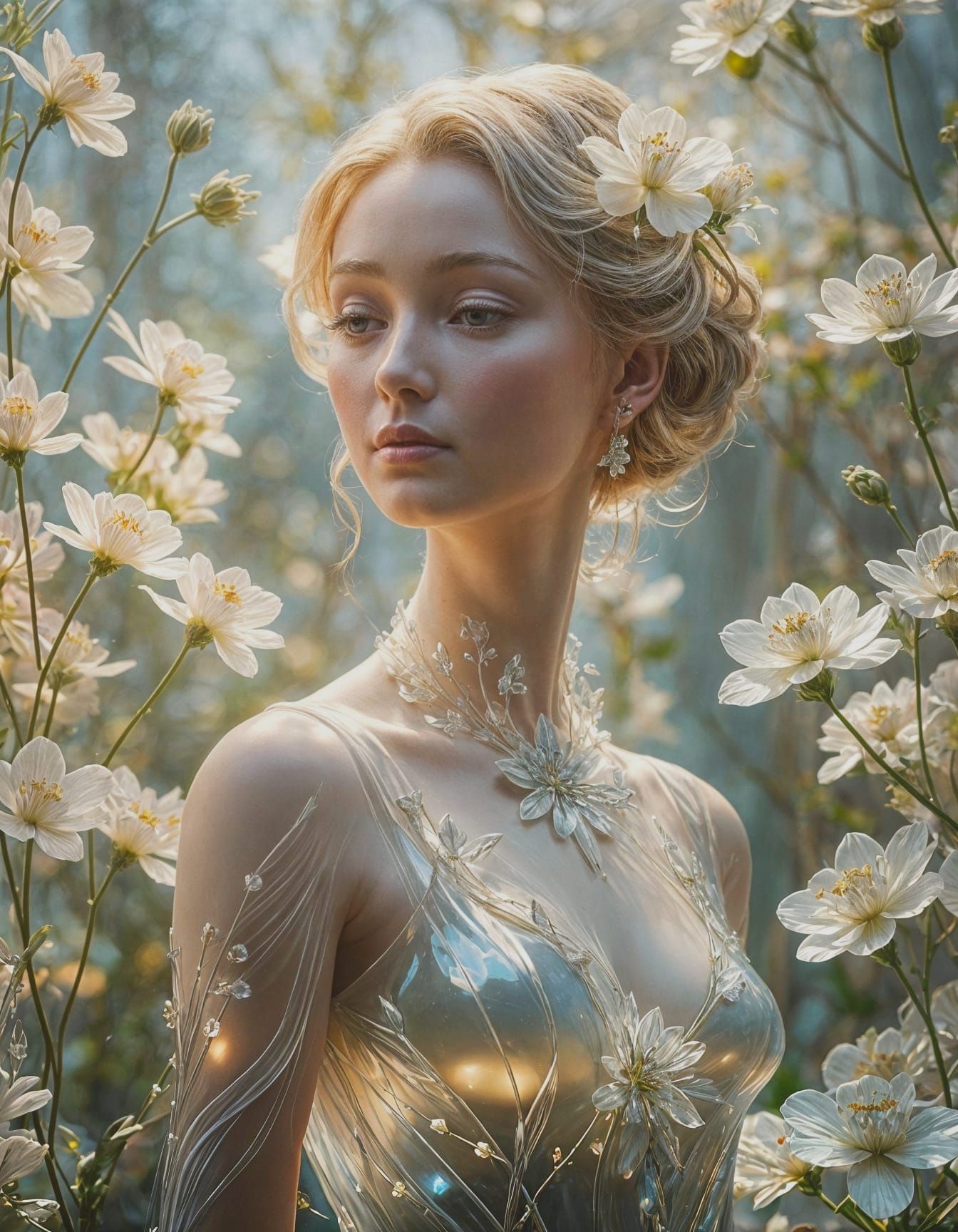 Ethereal Glass Lady Surrounded by Flowers