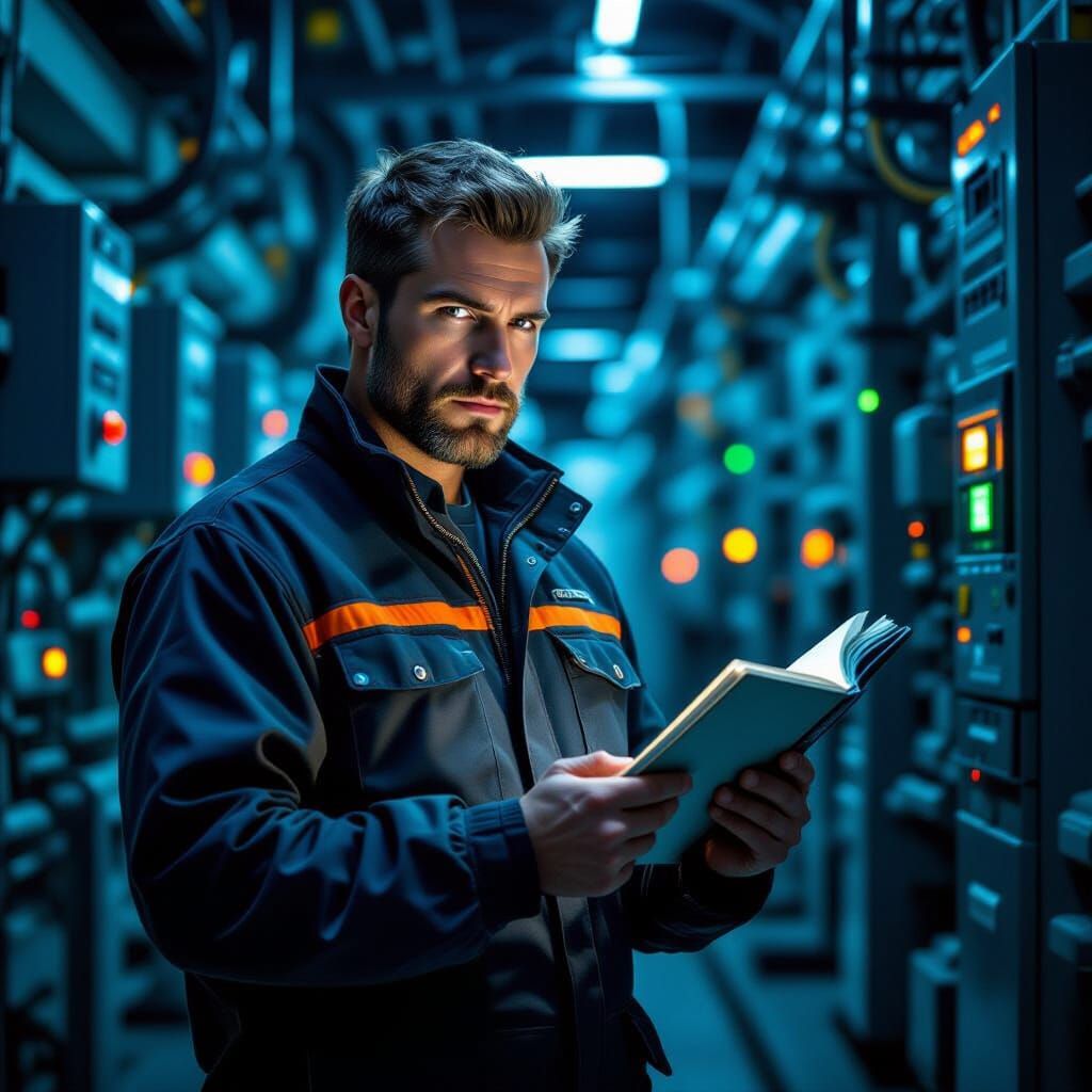Electrician in Substation Holding Notebook