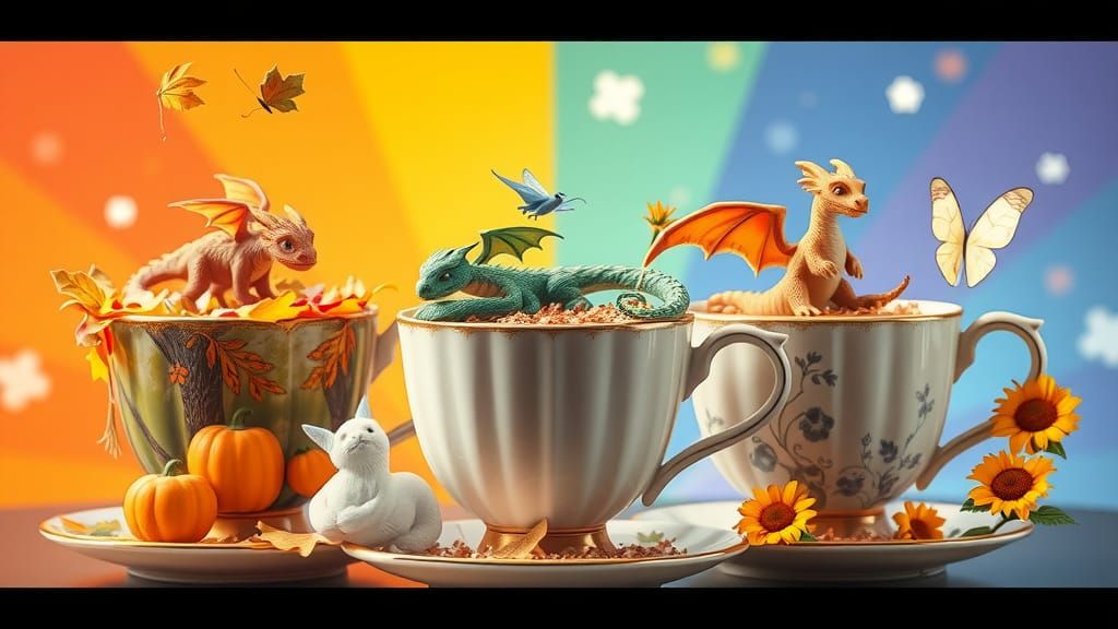 Seasonal Teacups with Dragons and Fairies: 3D Digital Art