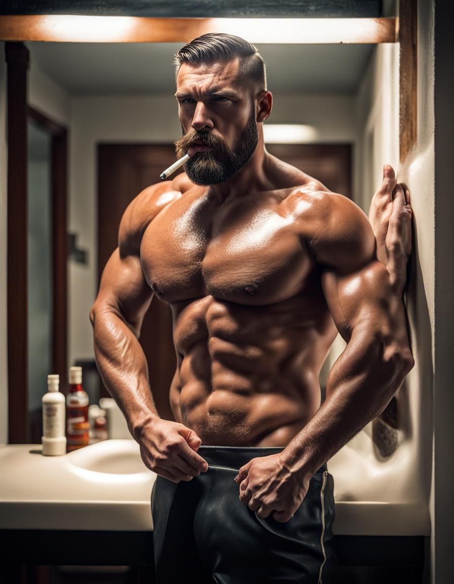 Hyperrealistic Bodybuilder Smoking Cigarette