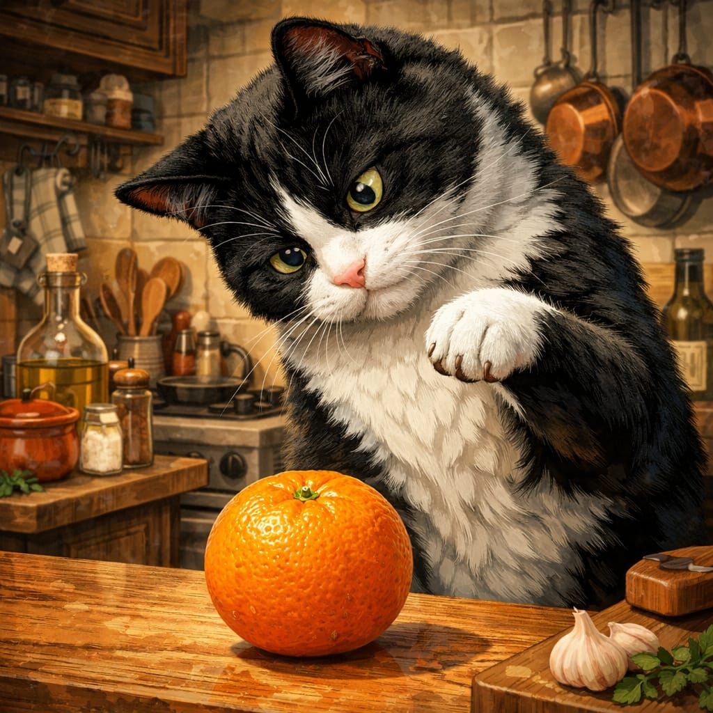 Confused Tuxedo Cat About to Smack an Orange