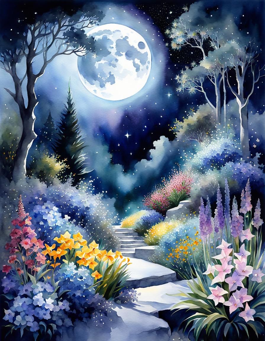 Fantasy Garden at Night in Watercolor Style