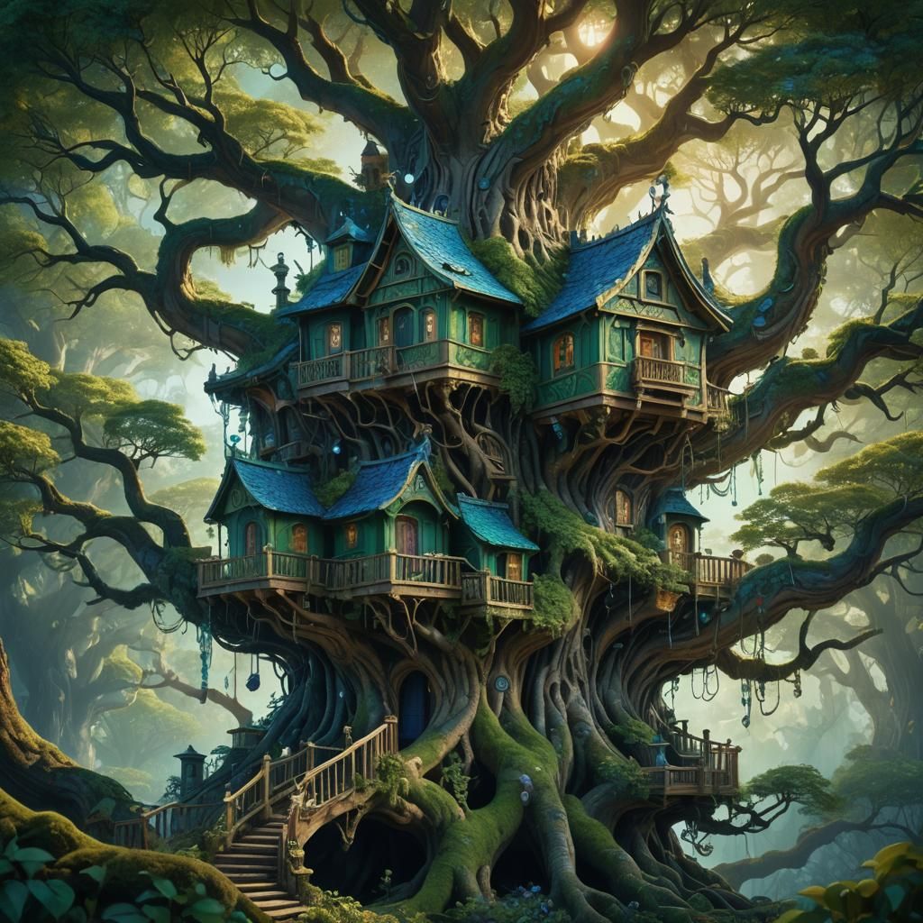 Intricate Treehouse in Hyper-maximalist Fantasy Art