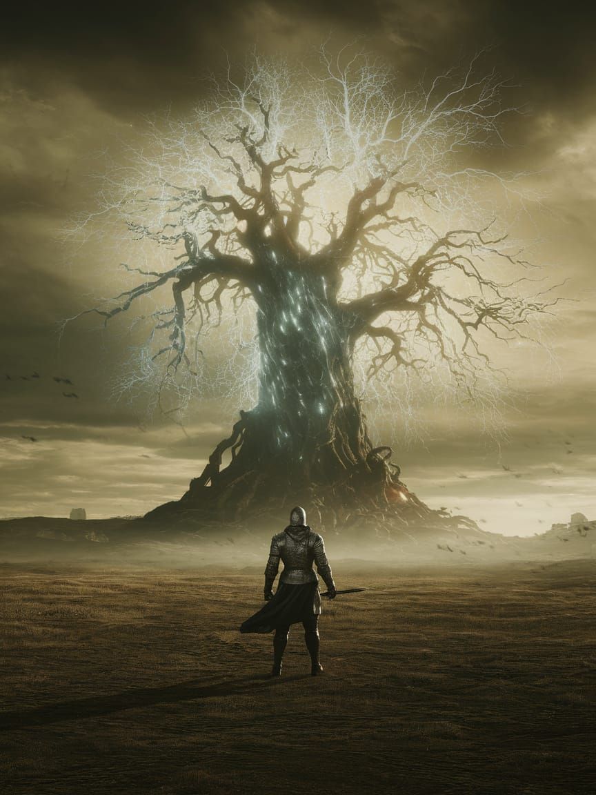 Knight and Ethereal Tree on Windswept Plain
