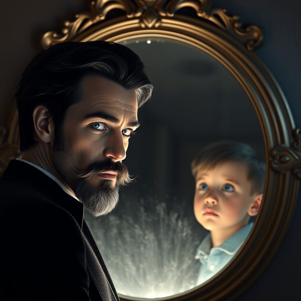 Man Reflected in Ornate Mirror, Photorealistic Matte Paintin...