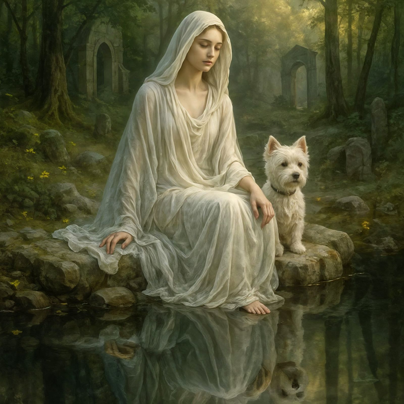 Ethereal Woman and Dog by Forest Pond Reflection