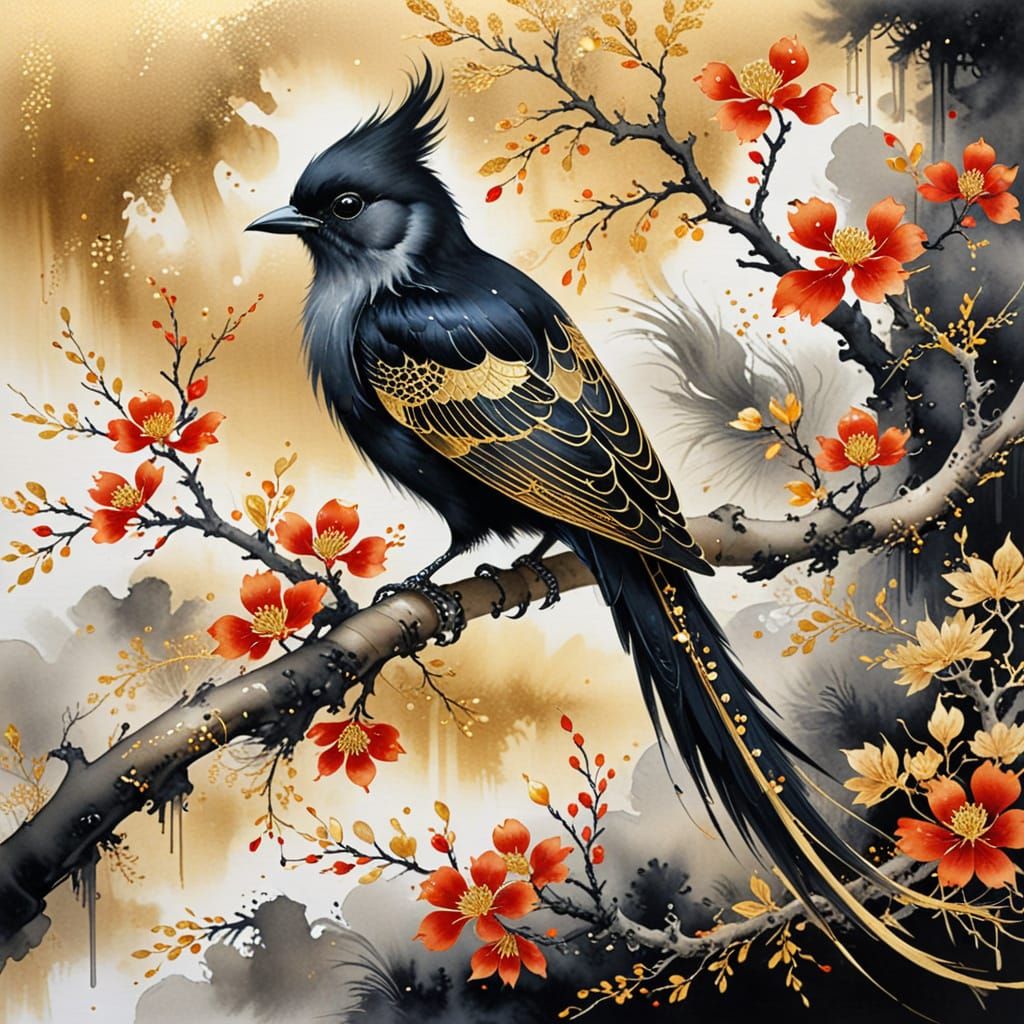 Ethereal Winged Bird in Chinese Painting Style
