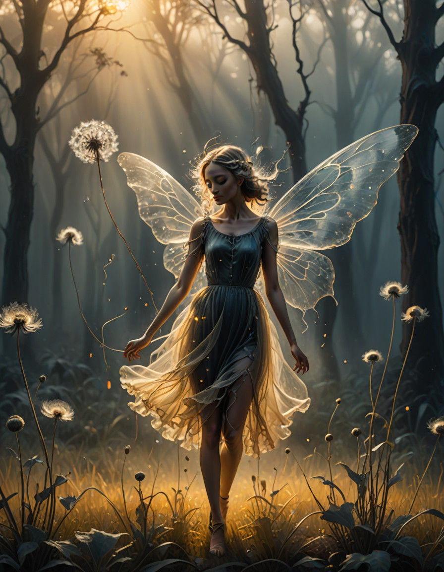 Ethereal Fairy Dances in a Sunset Dandelion Field