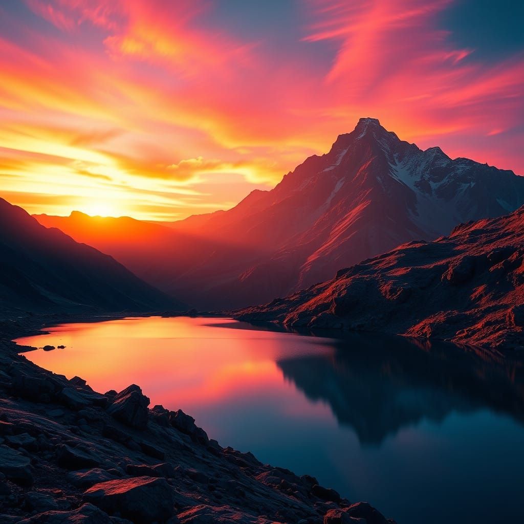 Ethereal Mountain Landscape in Vibrant Sunset Hues