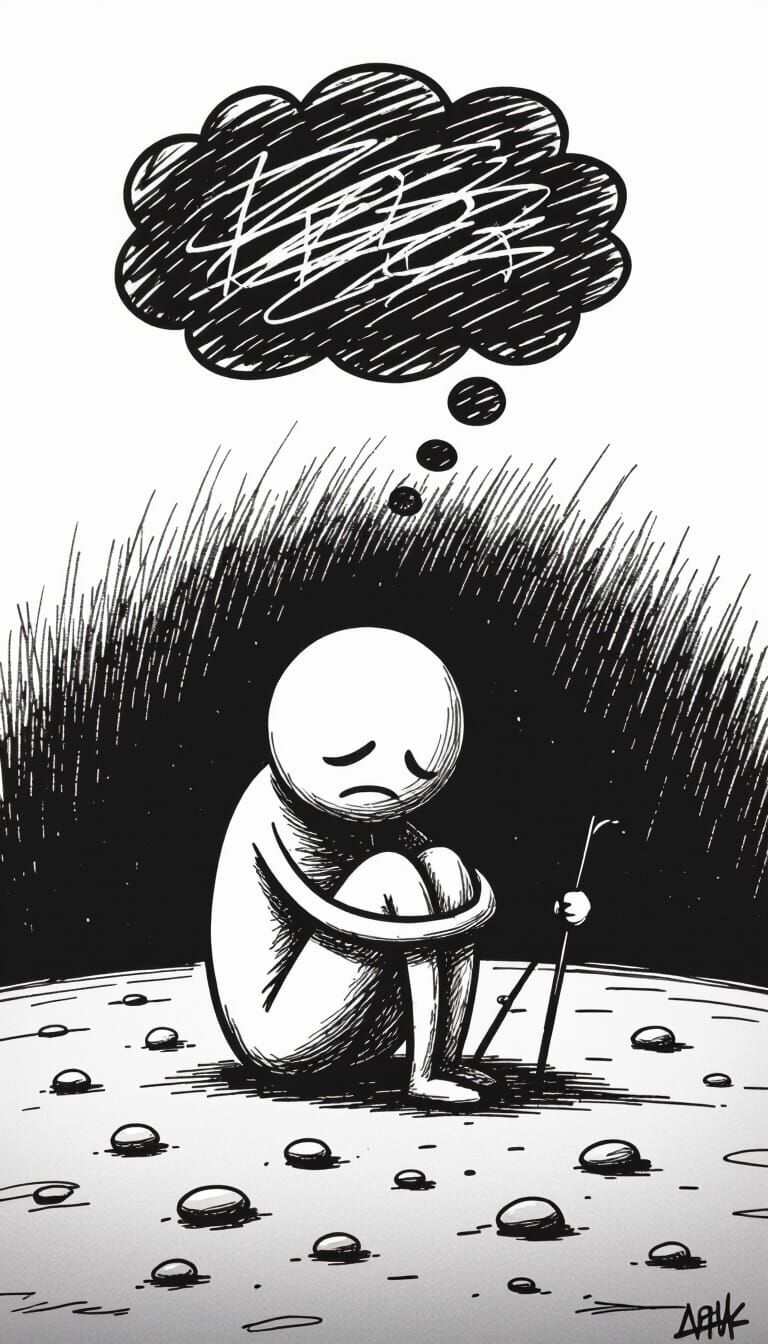 Sad Stick Figure Silhouette on Empty Ground