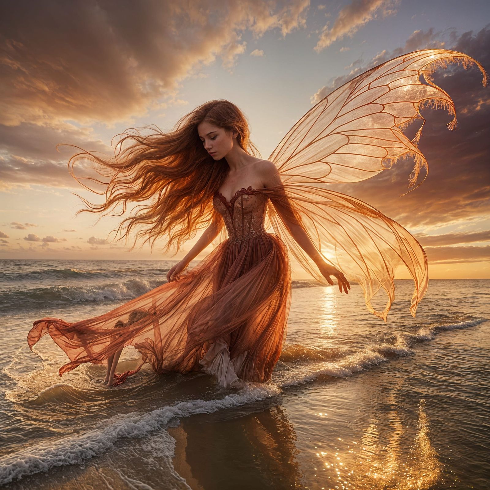 Ultra-Realistic Fairy Woman at Sunset Ocean Waves