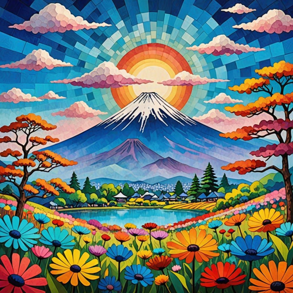 Vibrant Mt Fuji in Japan Folk Art Painting with Spring Flowe...