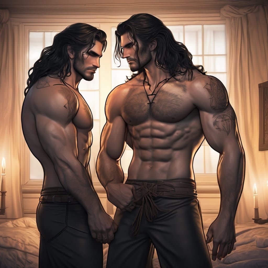 Muscular Witches Embracing in a Romantic Bedroom Scene