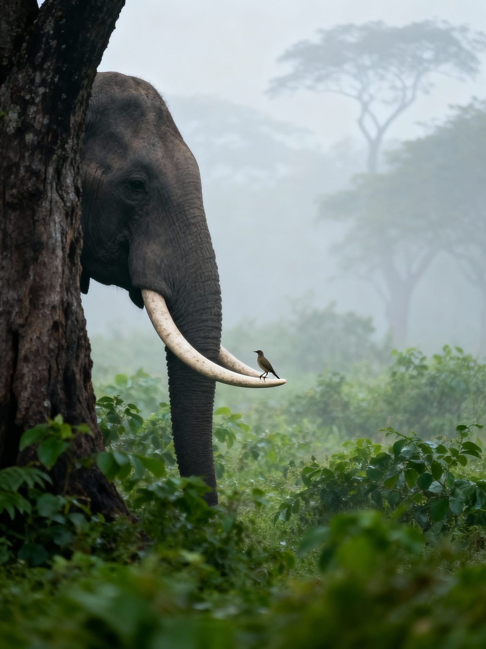 Misty Jungle Elephant with Bird on Tusk