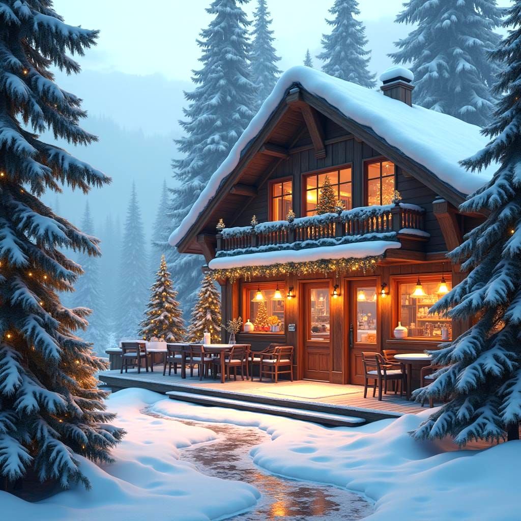 Snowy Mountain Coffee Shop: A Matte Painting