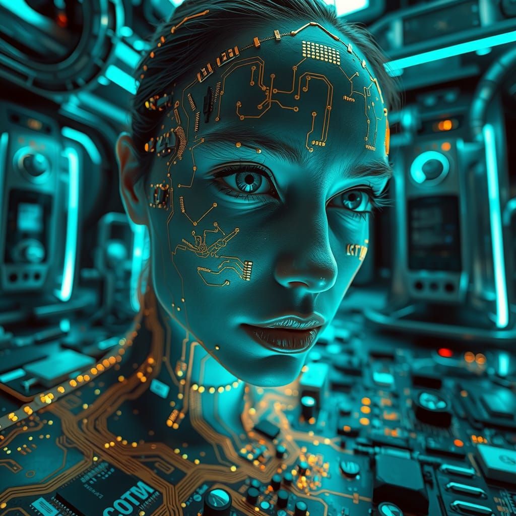 Woman Integrated Into Motherboard in Ethereal Cyberpunk Styl...