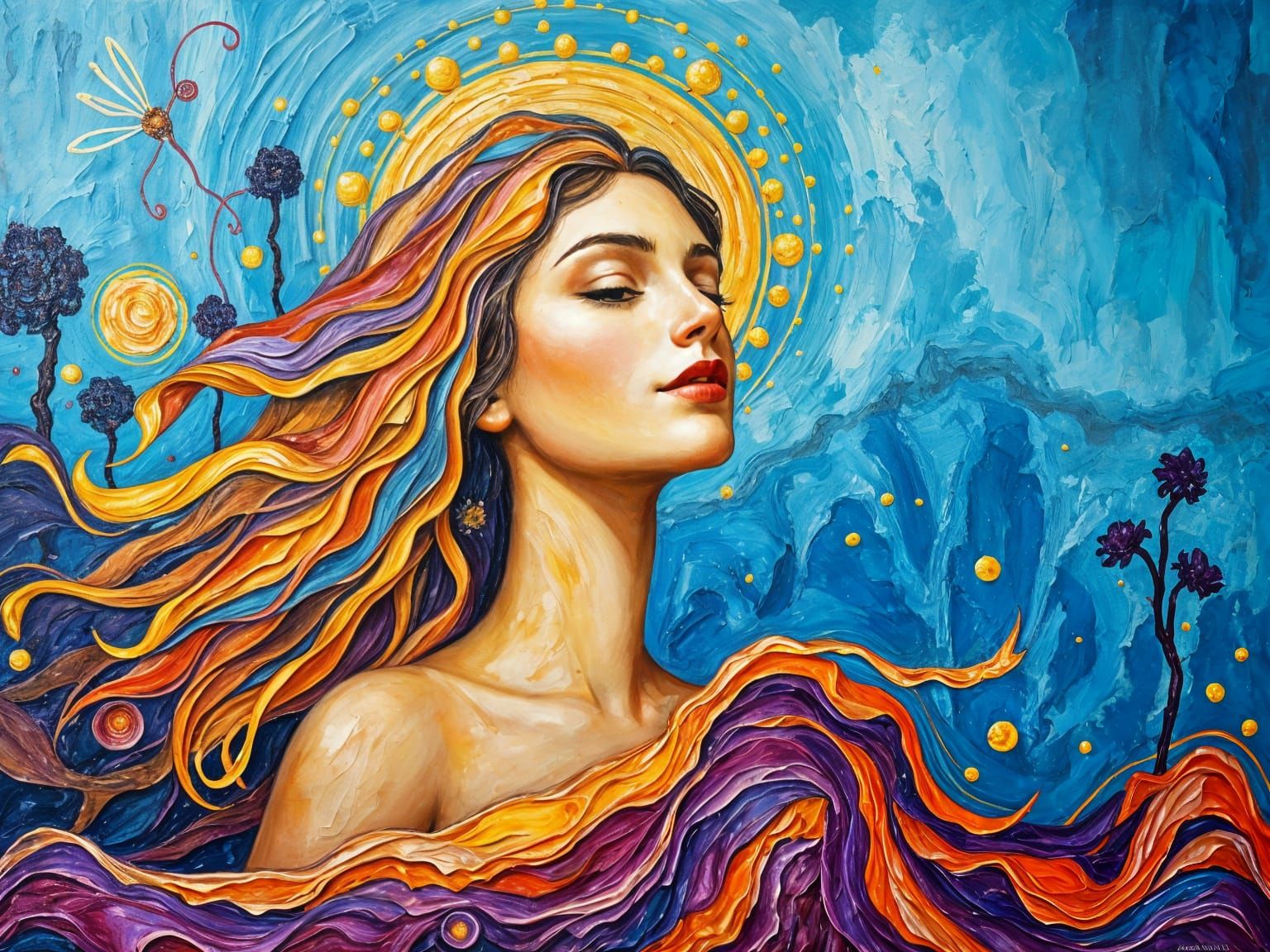 Nature Goddess in Vibrant Neo-Expressionist Oil Painting
