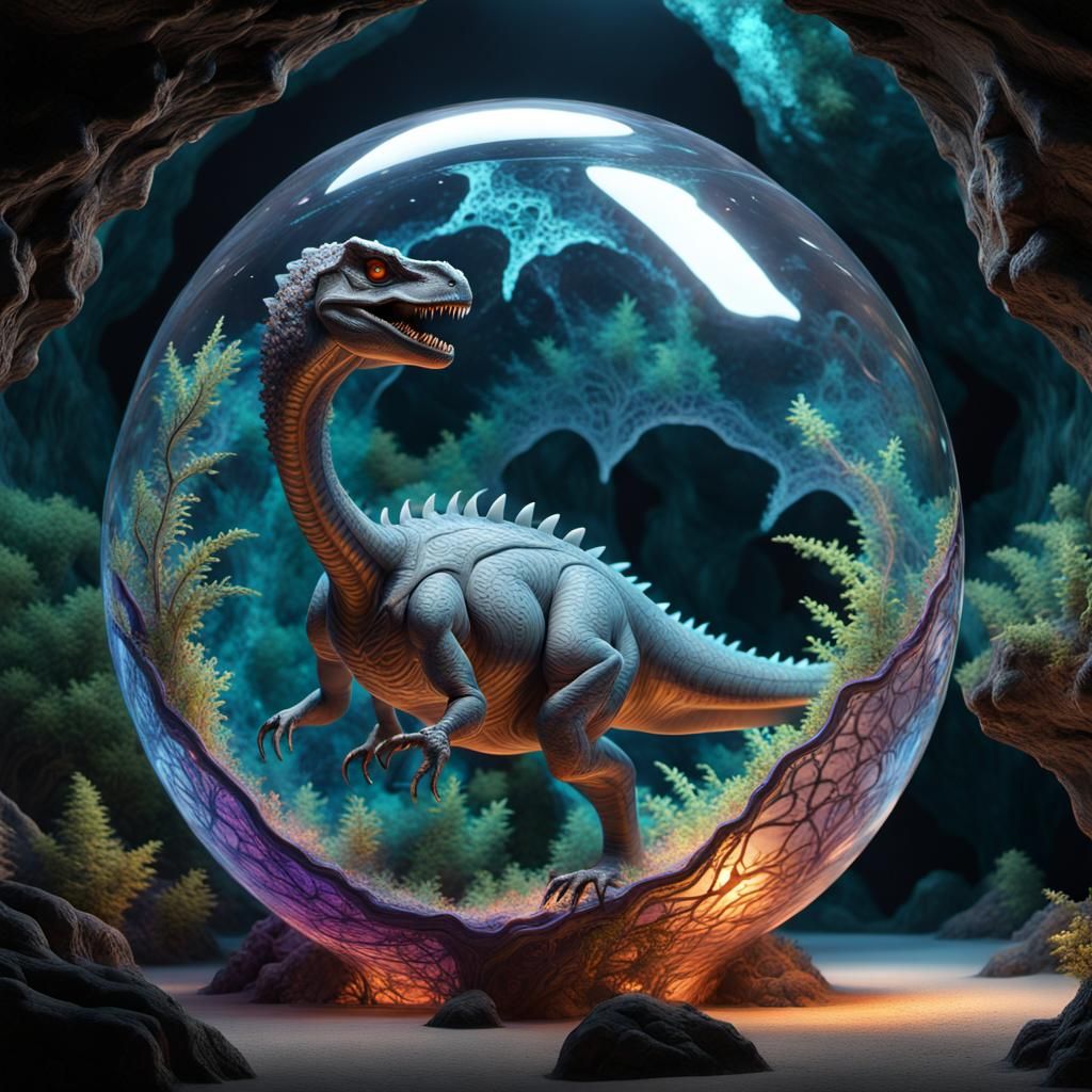 dinosaur builds a nest within a crystal sphere, placed in a captivating bioluminescent cave.