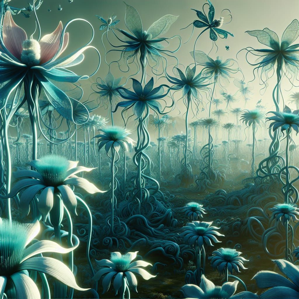 Surreal Turquoise Tentacle Flowers on Alien Planet