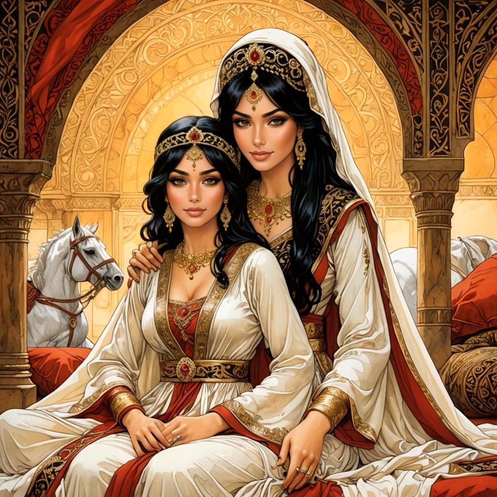 Arabian Princesses in Tent, Comic Book Style