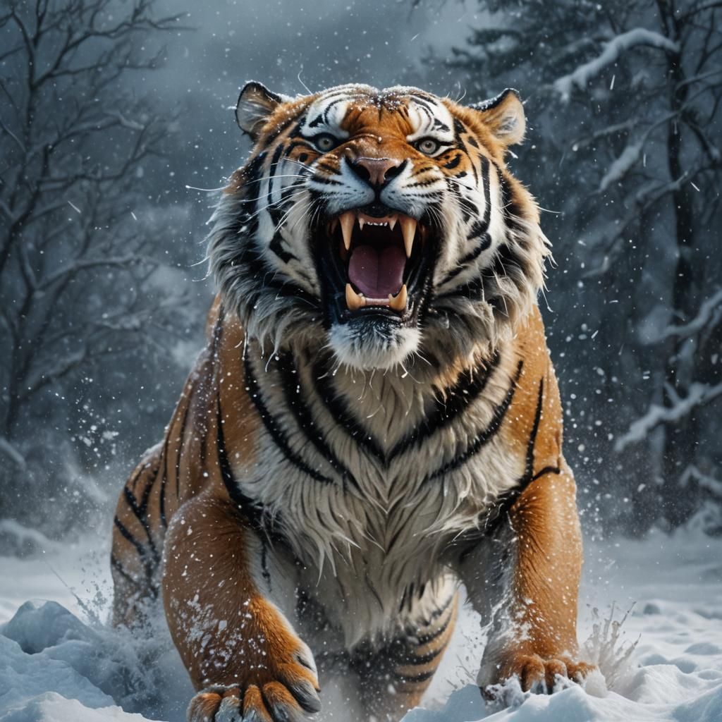 (Colossal saber toothed Siberian Tiger roaring at its best s...