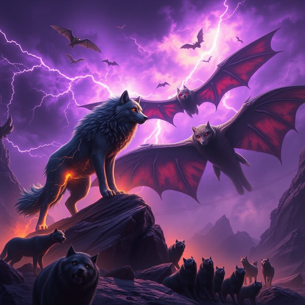 Wolf and Bat Clash on Stormy Battlefield