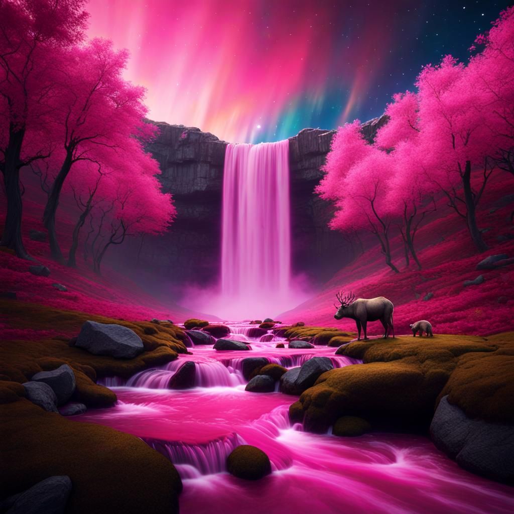 Fantasy Landscape with Pink Waterfall and Aurora Sky