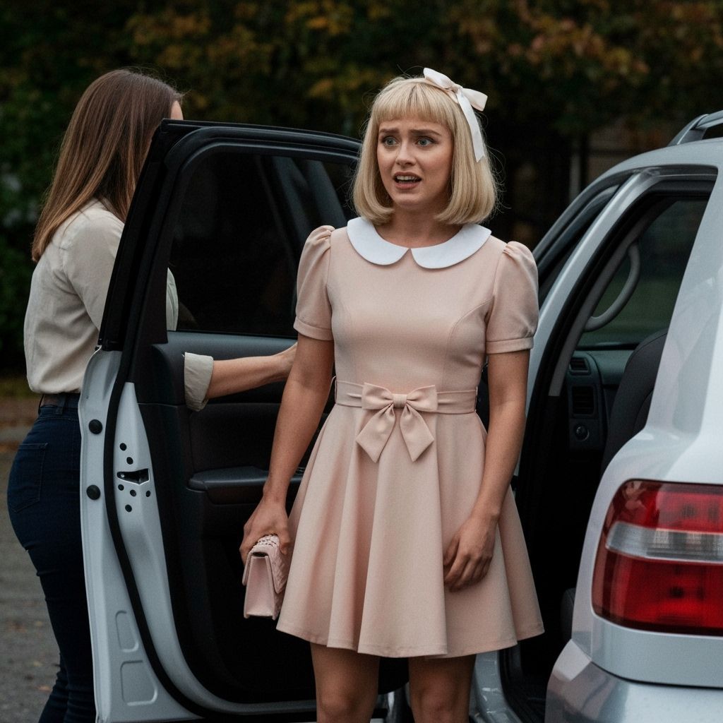 Crossdressing Man Greets Woman at Car Door