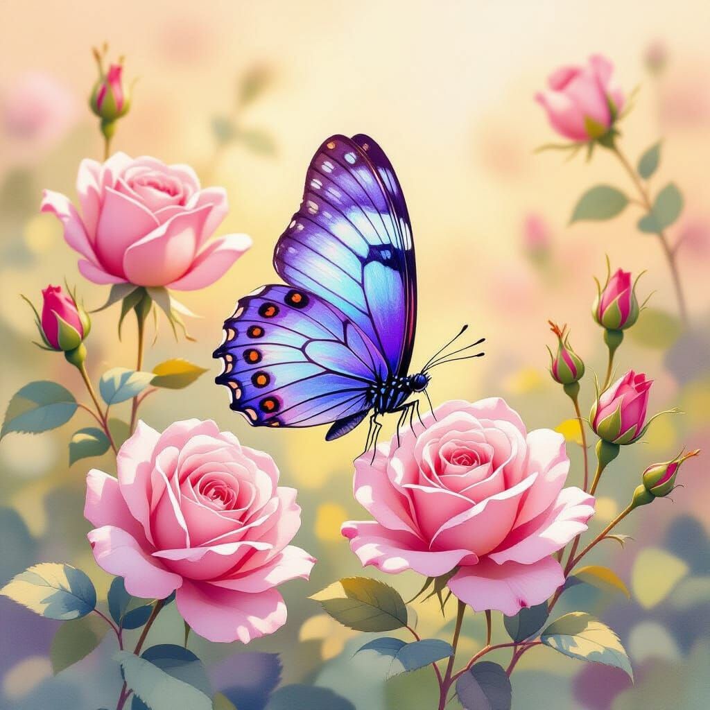 Butterfly Among Roses in Dreamy Watercolor Style