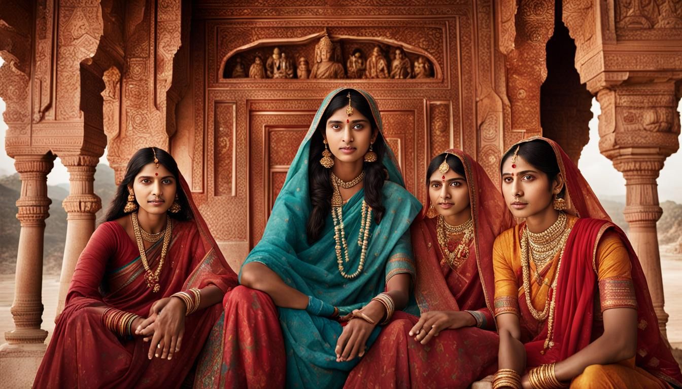 Beautiful Indian Landscape with Temple and Women