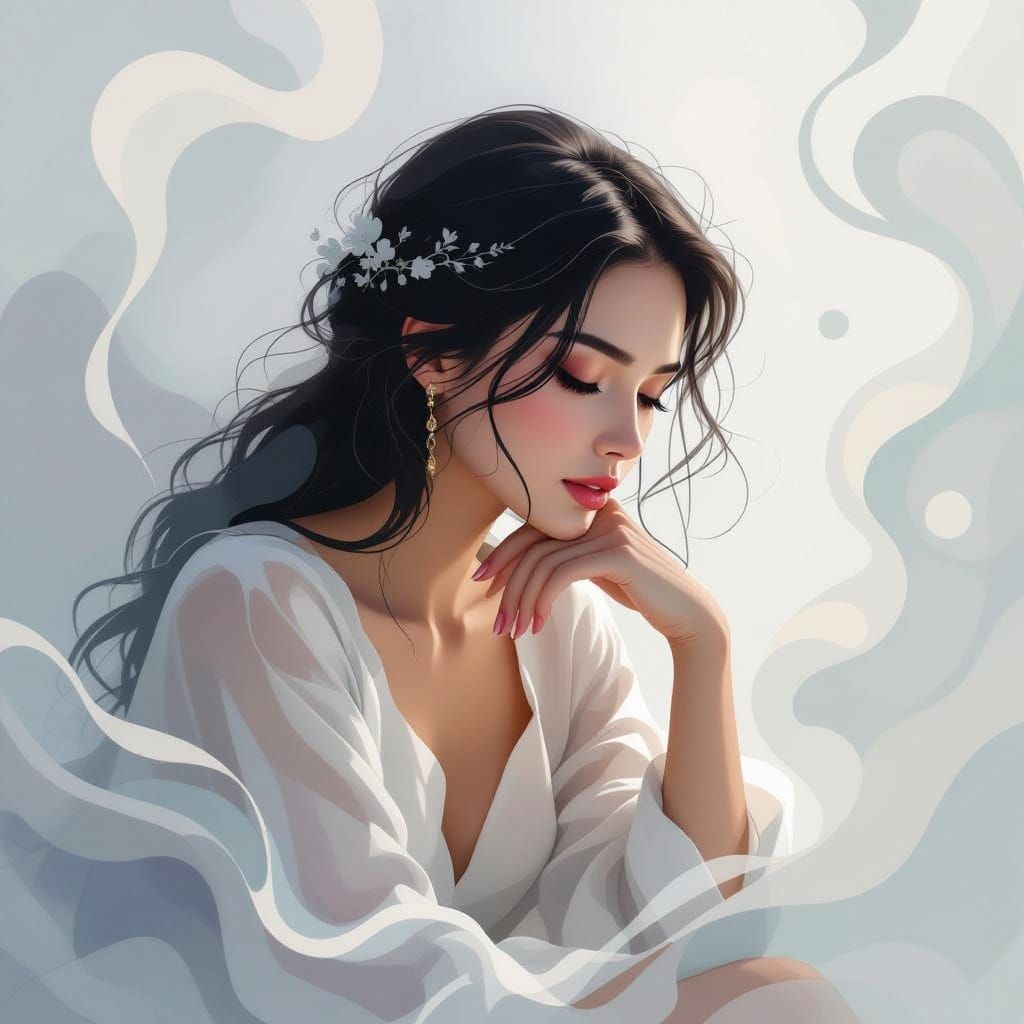 Ethereal Woman in Dreamy Mist, Illustrative Art