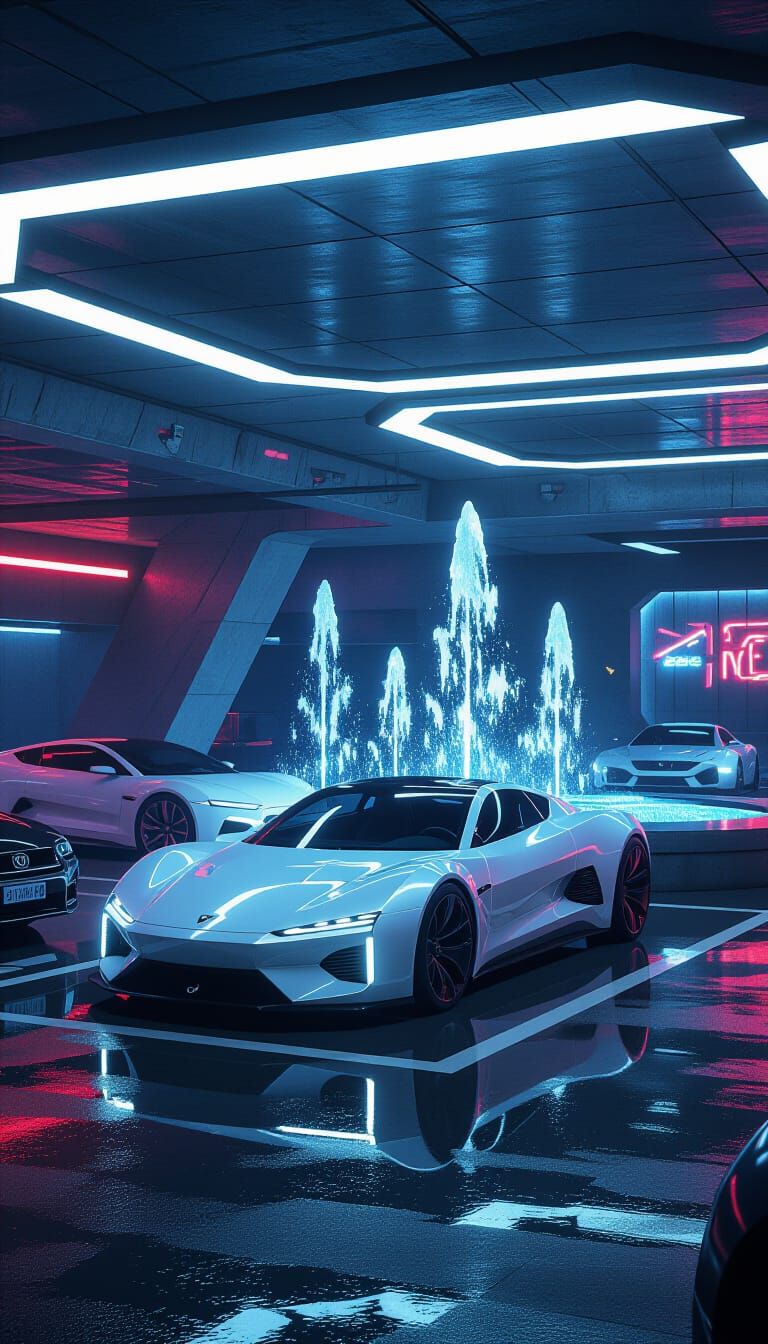 Futuristic Car Basement with Fountains in Neon Style