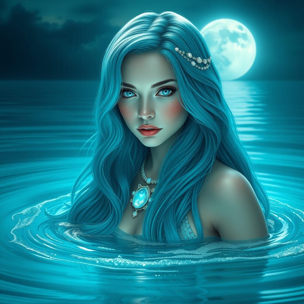 Turquoise-Haired Siren Emerge from the Sea in Hypnotic Blue...